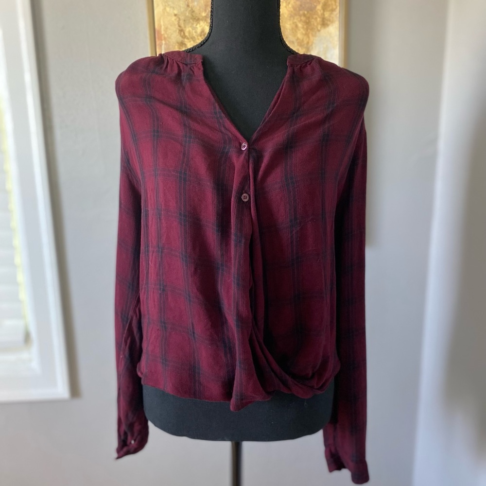 a.n.a Plaid Peasant Style Button Down Blouse